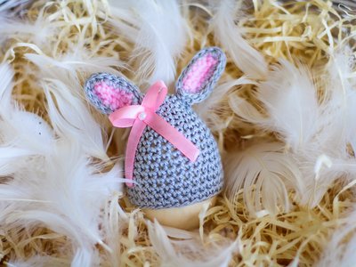 Пасхальный декор. Шапочка на яйца - Кролик светло-серый с розовыми вставками. 234149986 фото