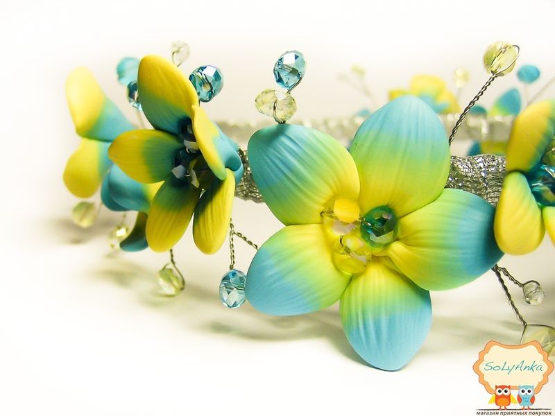 Обруч квітковий з кришталевими намистинами жовто-блакитний 206446349 фото
